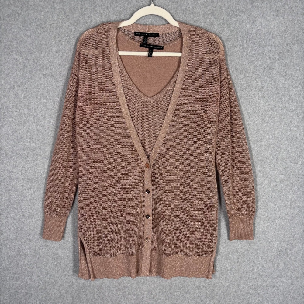 WHBM Metallic Open Knit Cardigan Set Small Gold Metallic Neutral Quiet Luxury